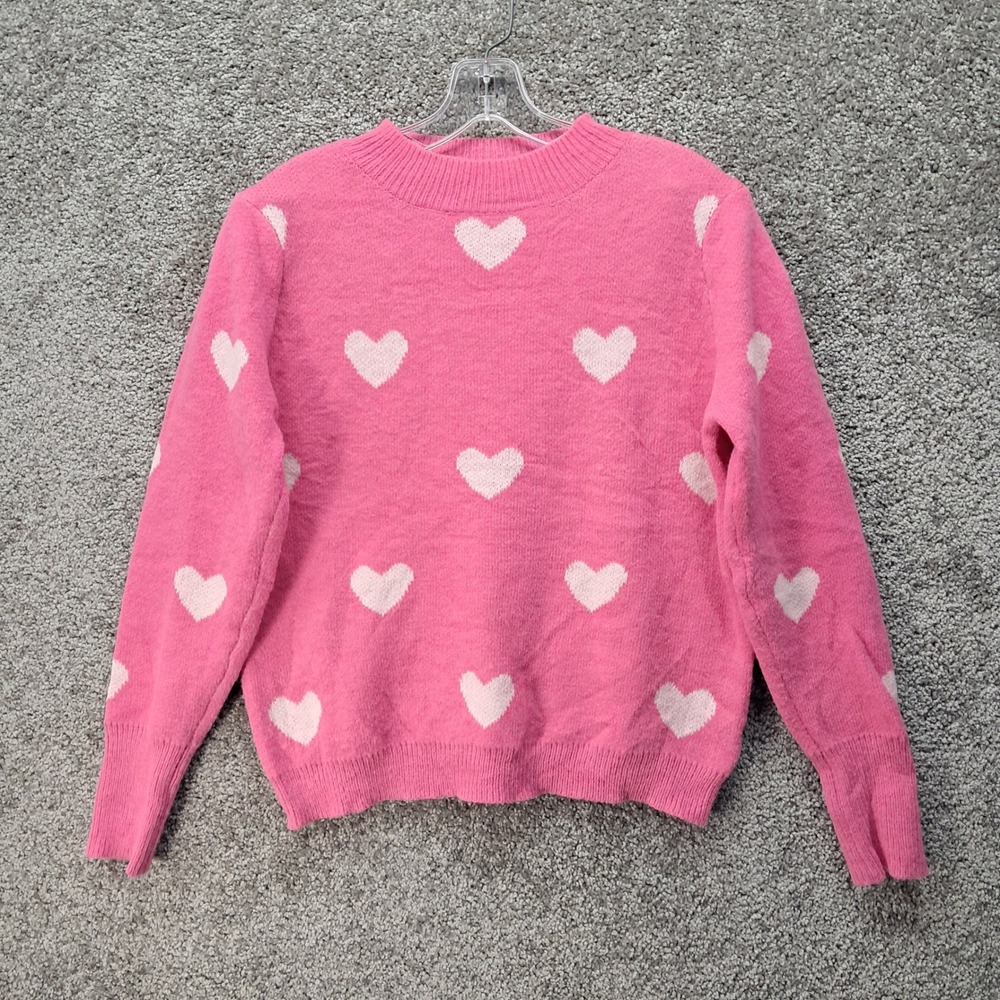 Shein Women Pink Heart Print Mock Neck Knit Sweater Size L Long Sleeve 6757